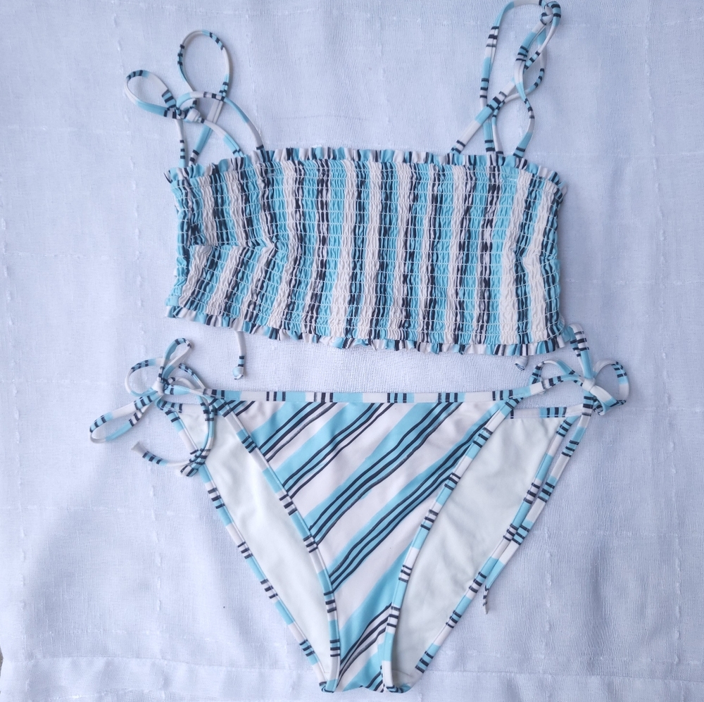 lemlem x H&M blue and white striped bikini set